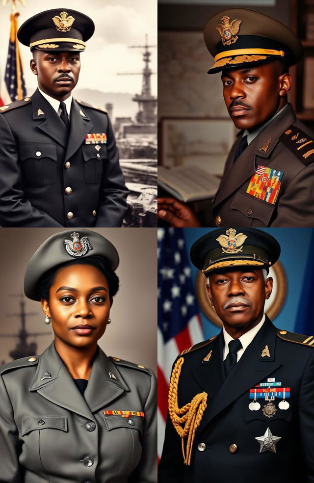 A series of four powerful portraits depicting Black military officers serving during World War II through the Cold War