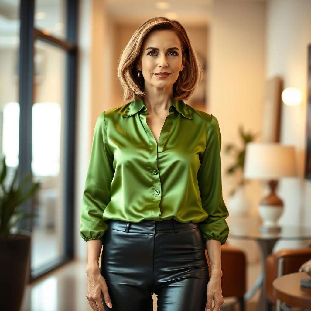 A stunning 50-year-old woman with a confident aura, wearing a vibrant green satin blouse that softly reflects light, paired with sleek black leather leggings that hug her curves