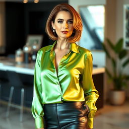 A stunning 50-year-old woman with a confident aura, wearing a vibrant green satin blouse that softly reflects light, paired with sleek black leather leggings that hug her curves