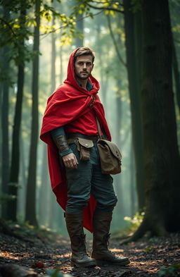 A reinterpretation of the classic Red Riding Hood tale, featuring a strong, adventurous man in a vibrant red cloak