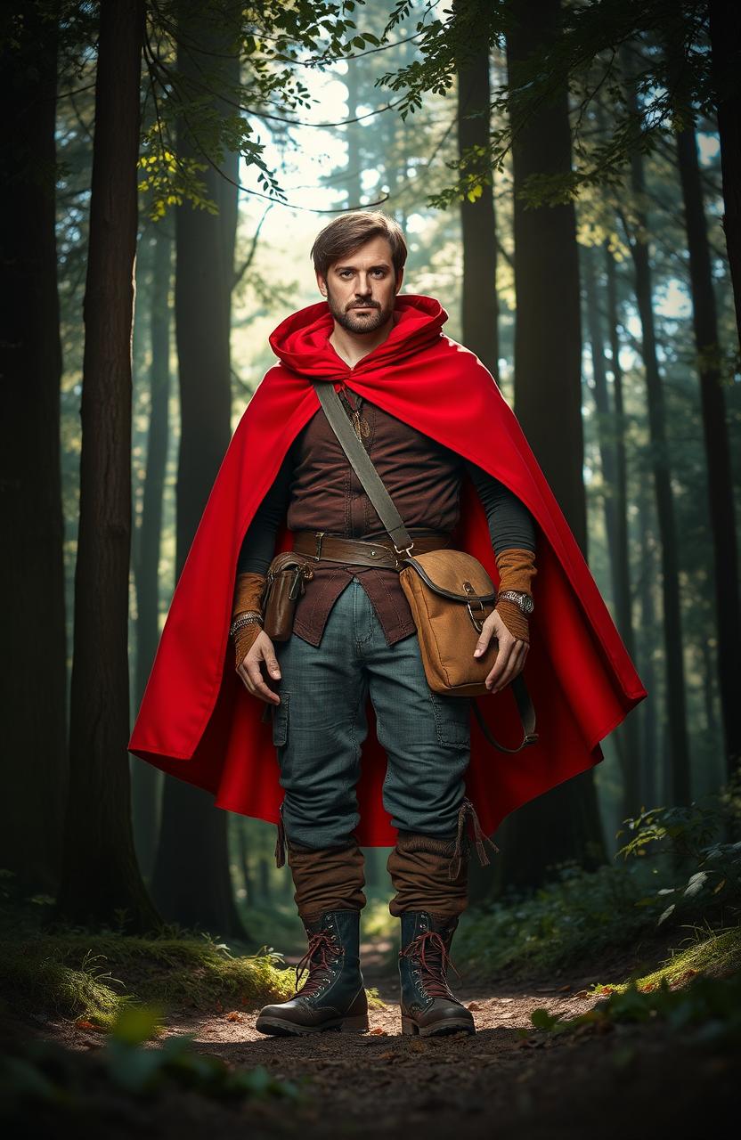 A reinterpretation of the classic Red Riding Hood tale, featuring a strong, adventurous man in a vibrant red cloak