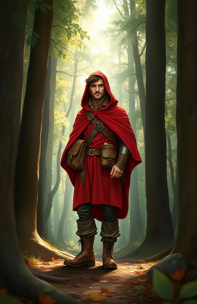 A reinterpretation of the classic Red Riding Hood tale, featuring a strong, adventurous man in a vibrant red cloak