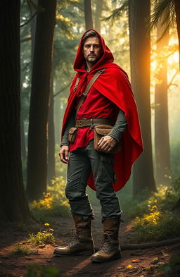 A reinterpretation of the classic Red Riding Hood tale, featuring a strong, adventurous man in a vibrant red cloak