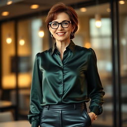 A fashionable 50-year-old woman radiating confidence, dressed in a dark green satin blouse that elegantly drapes over her figure, paired with sleek black leather leggings that showcase her stylish silhouette