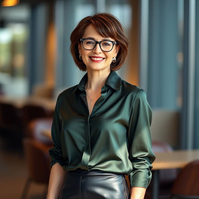 A fashionable 50-year-old woman radiating confidence, dressed in a dark green satin blouse that elegantly drapes over her figure, paired with sleek black leather leggings that showcase her stylish silhouette