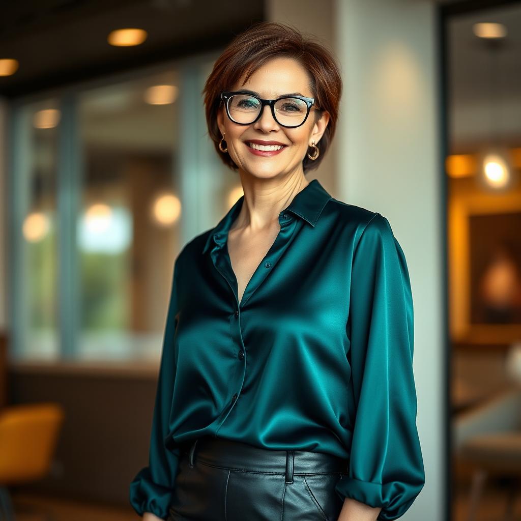 A fashionable 50-year-old woman radiating confidence, dressed in a dark green satin blouse that elegantly drapes over her figure, paired with sleek black leather leggings that showcase her stylish silhouette