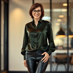 A fashionable 50-year-old woman radiating confidence, dressed in a dark green satin blouse that elegantly drapes over her figure, paired with sleek black leather leggings that showcase her stylish silhouette
