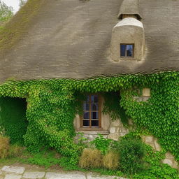 A rustic single floor village style house, with thatched roof, ivy crawling over stone walls, and charming wooden windows.