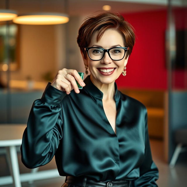 A confident 50-year-old woman with short brown hair and stylish glasses, wearing a luxurious dark green satin blouse paired with chic black leather leggings