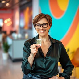 A confident 50-year-old woman with short brown hair and stylish glasses, wearing a luxurious dark green satin blouse paired with chic black leather leggings