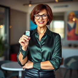 A confident 50-year-old woman with short brown hair and stylish glasses, wearing a luxurious dark green satin blouse paired with chic black leather leggings