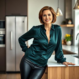 A stylish 50-year-old woman with short brown hair leans confidently against a modern kitchen counter