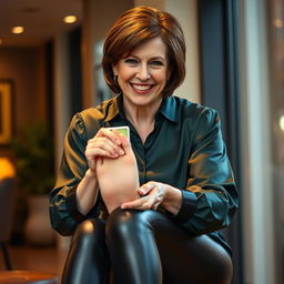 A playful and confident 50-year-old woman with short brown hair is depicted in a humorous scene, wearing a dark green satin blouse and sleek black leather leggings