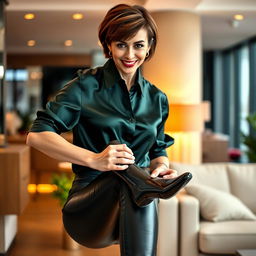 A stylish 50-year-old woman with short brown hair is depicted in a playful and confident moment, wearing a dark green satin blouse and sleek black leather leggings