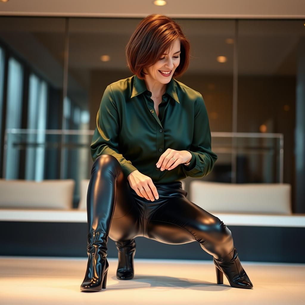 A fashionable 50-year-old woman with short brown hair is depicted in an engaging moment, wearing a luxurious dark green satin blouse paired with sleek black leather leggings