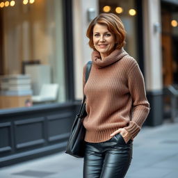 A fashionable 50-year-old woman, often referred to as a milfred, is portrayed with short brown hair, wearing a cozy and stylish pullover along with sleek black leather leggings
