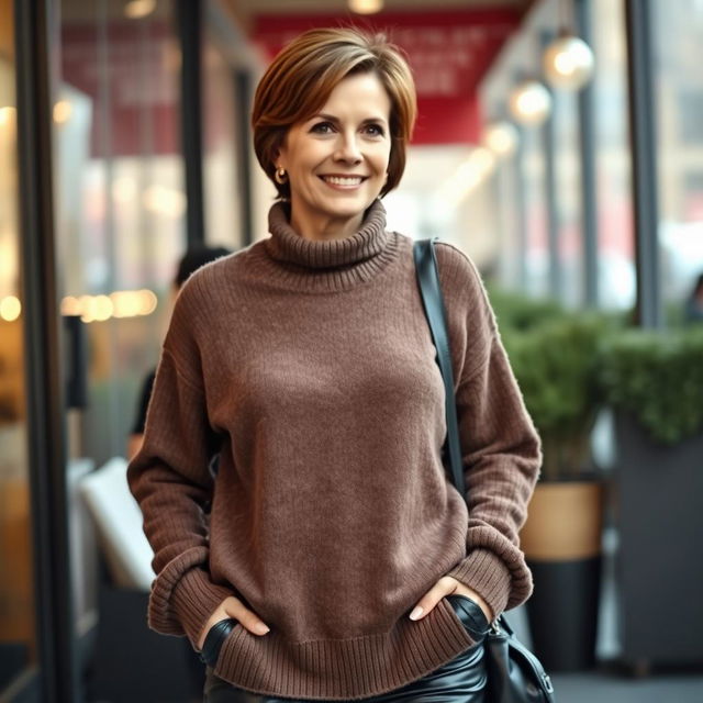 A fashionable 50-year-old woman, often referred to as a milfred, is portrayed with short brown hair, wearing a cozy and stylish pullover along with sleek black leather leggings