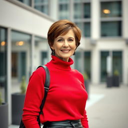 A fashionable 50-year-old woman with short brown hair is shown wearing a vibrant red pullover and sleek black leather leggings, exuding confidence and style