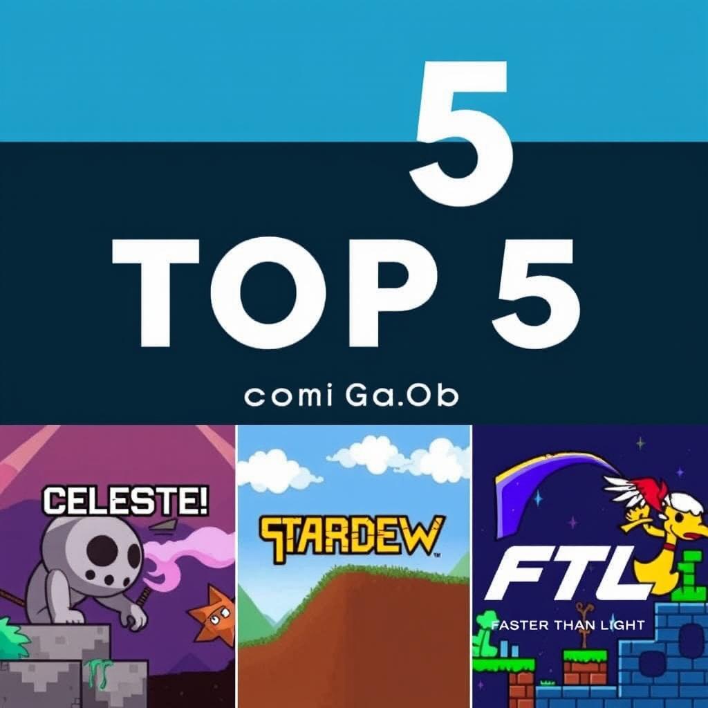 Top 5 mejores juegos para computadoras de bajos recursos, incluyendo títulos como 'Undertale', 'Celeste', 'Stardew Valley', 'Terraria' y 'FTL: Faster Than Light'