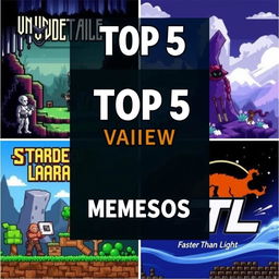 Top 5 mejores juegos para computadoras de bajos recursos, incluyendo títulos como 'Undertale', 'Celeste', 'Stardew Valley', 'Terraria' y 'FTL: Faster Than Light'