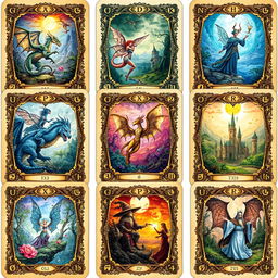 A collection of fantasy-themed trading cards featuring intricate, whimsical borders