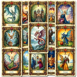A collection of fantasy-themed trading cards featuring intricate, whimsical borders