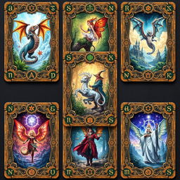 A collection of fantasy-themed trading cards featuring intricate, whimsical borders