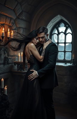 A captivating dark romance scene set in a gothic castle, featuring a mysterious couple entwined in an embrace