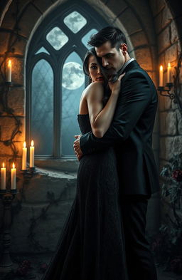 A captivating dark romance scene set in a gothic castle, featuring a mysterious couple entwined in an embrace