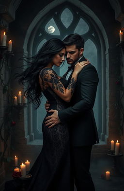 A captivating dark romance scene set in a gothic castle, featuring a mysterious couple entwined in an embrace