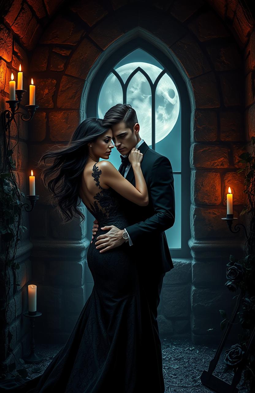 A captivating dark romance scene set in a gothic castle, featuring a mysterious couple entwined in an embrace