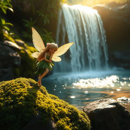 A whimsical fairy with delicate, iridescent wings gracefully perched on a moss-covered rock beside a serene waterfall