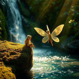A whimsical fairy with delicate, iridescent wings gracefully perched on a moss-covered rock beside a serene waterfall