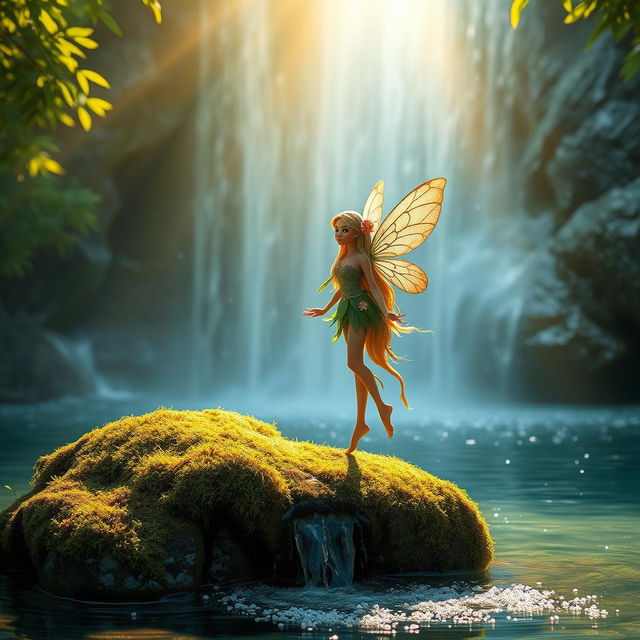 A whimsical fairy with delicate, iridescent wings gracefully perched on a moss-covered rock beside a serene waterfall