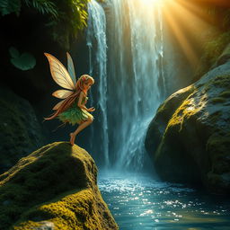 A whimsical fairy with delicate, iridescent wings gracefully perched on a moss-covered rock beside a serene waterfall