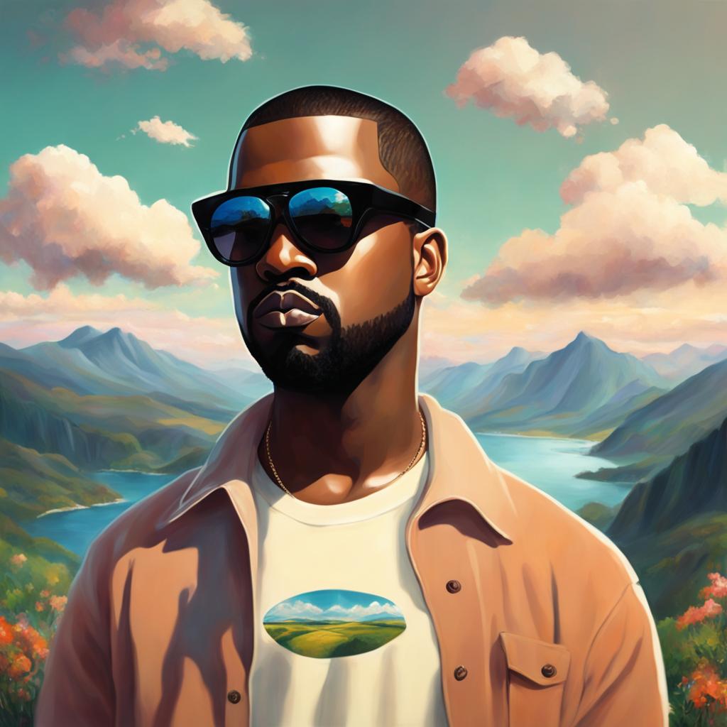 Whimsical Studio Ghibli-style portrait of Kanye West with signature shutter shades and modern outfit against a dreamy landscape