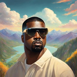 Whimsical Studio Ghibli-style portrait of Kanye West with signature shutter shades and modern outfit against a dreamy landscape