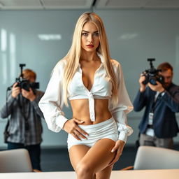 A 20-year-old Russian woman with long straight blonde hair, defined features, and a very skinny frame, 5'6" tall and weighing 90 pounds