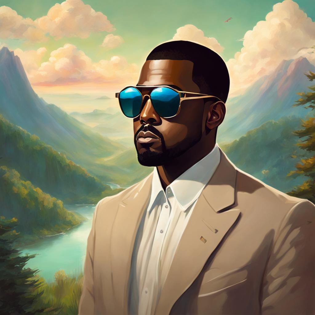 Whimsical Studio Ghibli-style portrait of Kanye West with signature shutter shades and modern outfit against a dreamy landscape