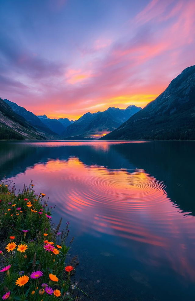 A beautiful, serene landscape featuring a calm lake surrounded by majestic mountains at sunset