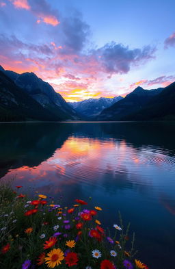 A beautiful, serene landscape featuring a calm lake surrounded by majestic mountains at sunset
