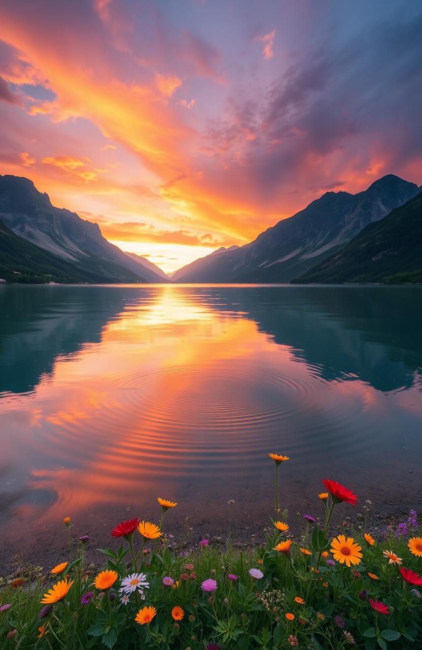 A beautiful, serene landscape featuring a calm lake surrounded by majestic mountains at sunset