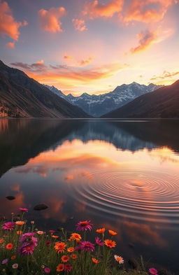 A beautiful, serene landscape featuring a calm lake surrounded by majestic mountains at sunset