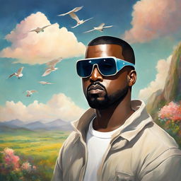 Whimsical Studio Ghibli-style portrait of Kanye West with signature shutter shades and modern outfit against a dreamy landscape