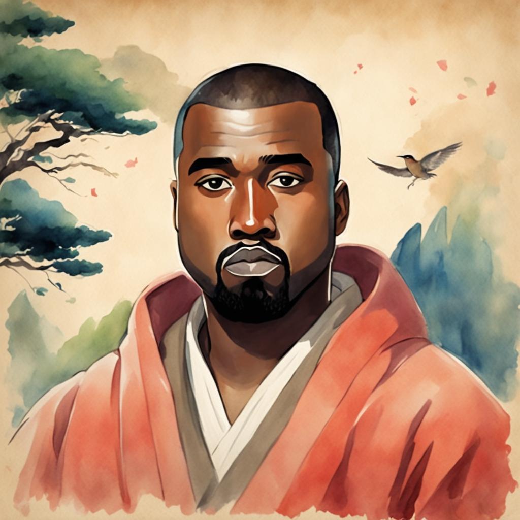 Watercolor Studio Ghibli-style portrait of Kanye West on traditional Japanese parchment.