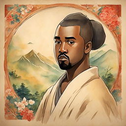 Watercolor Studio Ghibli-style portrait of Kanye West on traditional Japanese parchment.