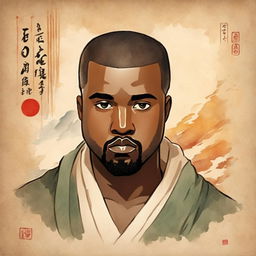 Watercolor Studio Ghibli-style portrait of Kanye West on traditional Japanese parchment.