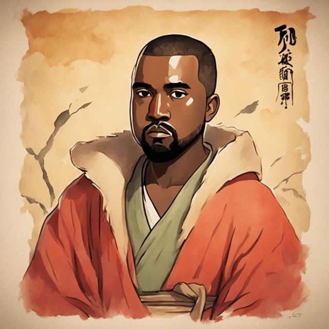 Watercolor Studio Ghibli-style portrait of Kanye West on traditional Japanese parchment.