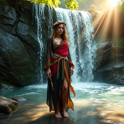 A mystical and elegant artist standing under a serene waterfall, surrounded by lush greenery