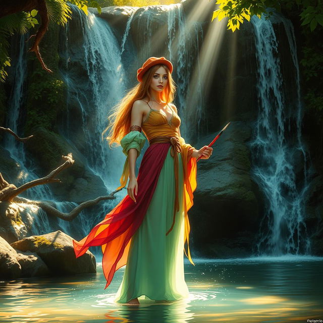 A mystical and elegant artist standing under a serene waterfall, surrounded by lush greenery